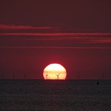 Wat je hier tegen de zon ziet, zijn de windmolens die voor de kust van Zeebrugge in de zee staan.